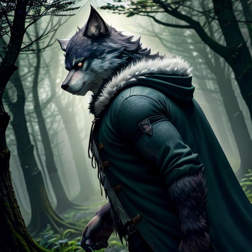a wolf in a hooded coat walking through a forest with a wolf on his back and a wolf on his shoulder