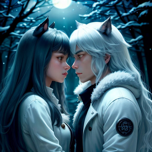 two people are standing in the woods with wolf ears on their heads and one is wearing a white coat