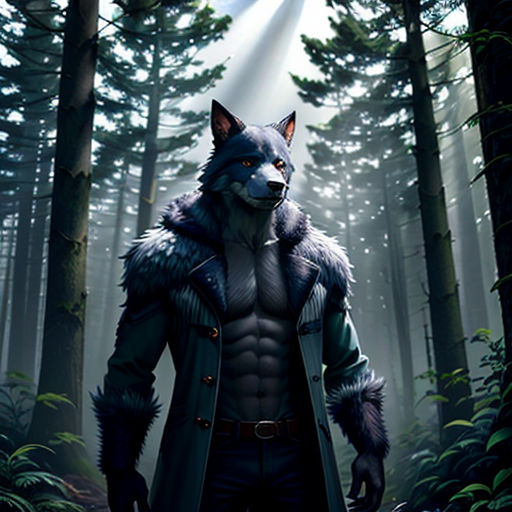 a man in a forest with a wolf on his back and a flashlight shining through the trees behind him