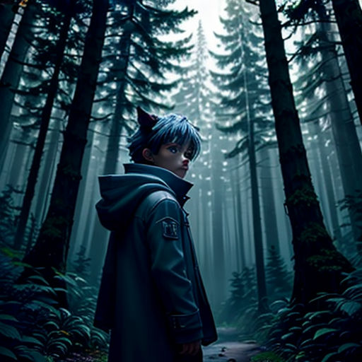 a boy in a hooded jacket standing in the woods with a wolf on his head and a wolf on his shoulder