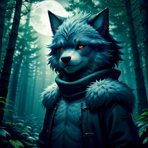 a wolf in a jacket standing in the woods with a full moon in the background and a forest scene