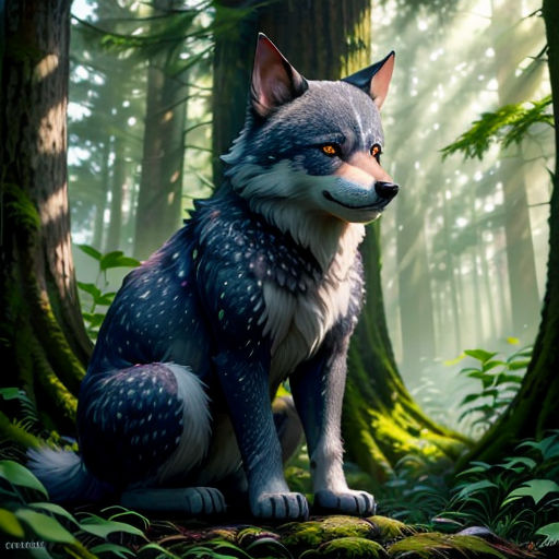 a wolf sitting in the middle of a forest with trees and grass around it, with a bright yellow eye
