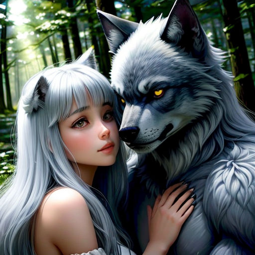 a woman with long white hair hugging a wolf in a forest with trees in the background and a forest scene behind her