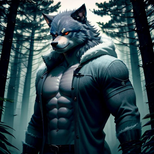 a man in a wolf mask and jacket in the woods with trees in the background and a wolf's head on his chest