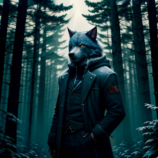 a man in a coat and a wolf mask standing in a forest with trees and snow on the ground