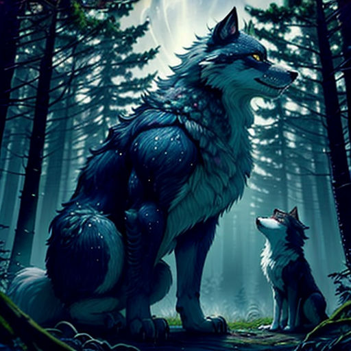 a wolf and a wolf cub sitting in the woods at night with the moon in the background and trees