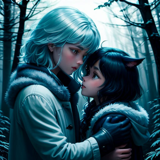 a couple of people that are standing in the woods together, one is kissing the other is wearing a fur coat