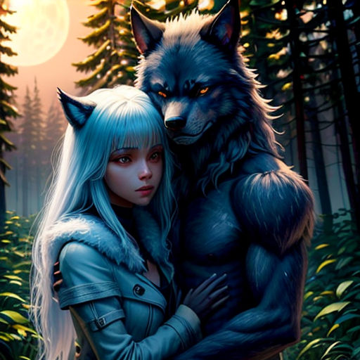 a woman hugging a wolf in a forest with trees in the background and a full moon in the sky