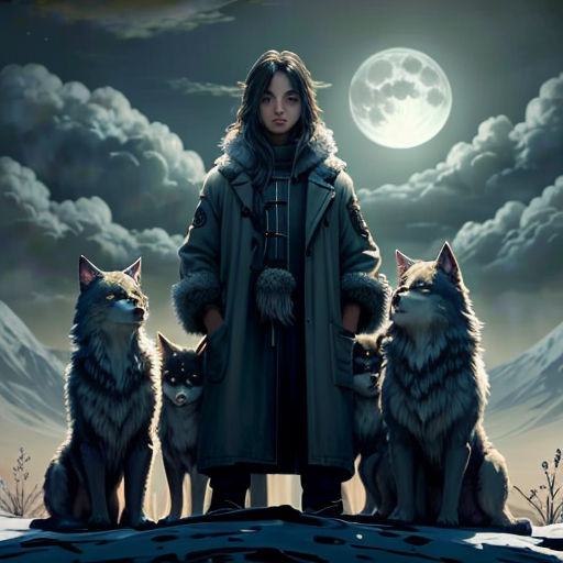 a woman standing in front of three wolfs in the snow at night with a full moon in the background