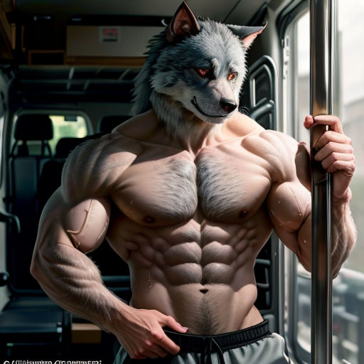 a man with a wolf mask on holding a pole in front of a bus window with a dog on it