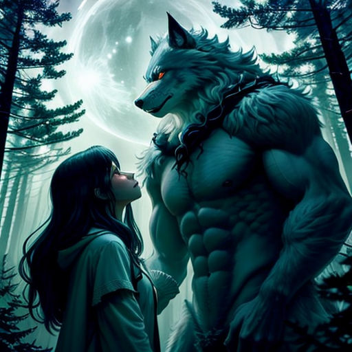 a woman standing next to a wolf in the woods with a full moon behind her and a wolf on her shoulder