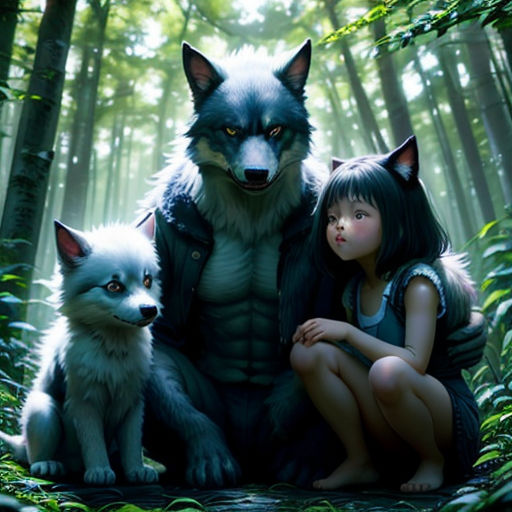 a girl and two wolfs in the woods with a girl sitting on the ground next to them,