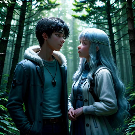 a couple of people standing in a forest next to each other with trees in the background and a light blue haired woman
