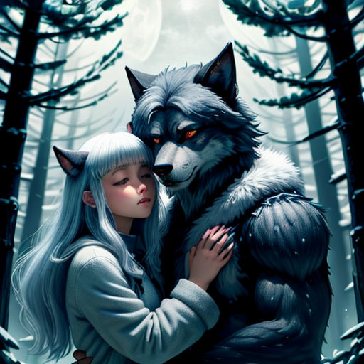 a woman hugging a wolf in the woods with a full moon behind her and trees in the background,