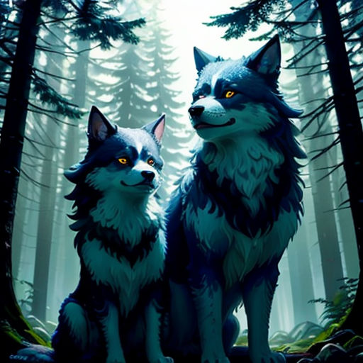 two wolfs sitting in the woods with trees in the background and a full moon in the sky above them