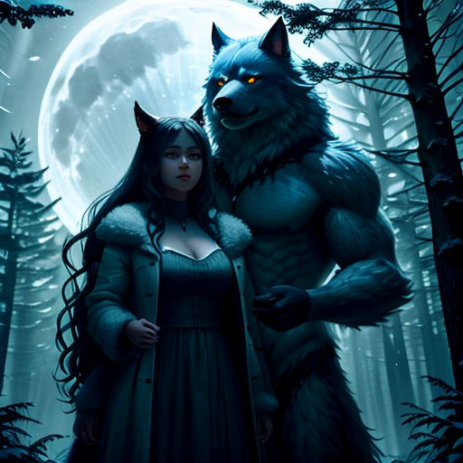 a woman standing next to a wolf in a forest at night with a full moon behind her and a wolf in the background