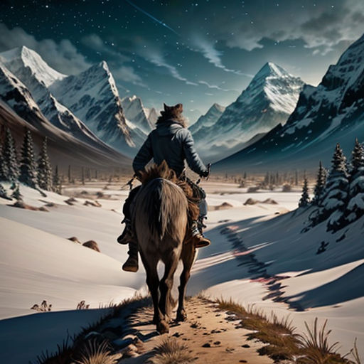 a man riding a horse on a snowy mountain trail at night with a full moon in the sky above