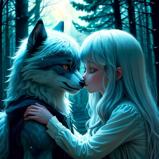 a girl and a wolf in the woods with a full moon in the background, with trees and a forest