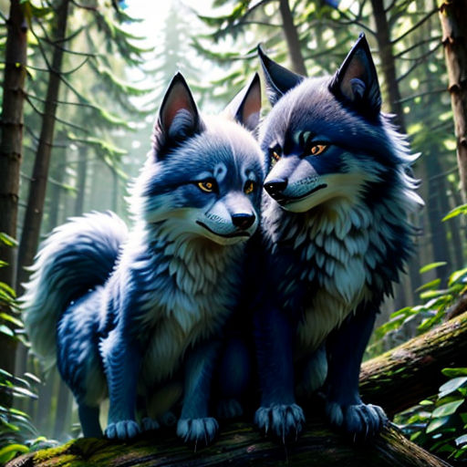 two gray wolfs sitting on a log in the woods together, with trees in the background and a sun shining through the trees
