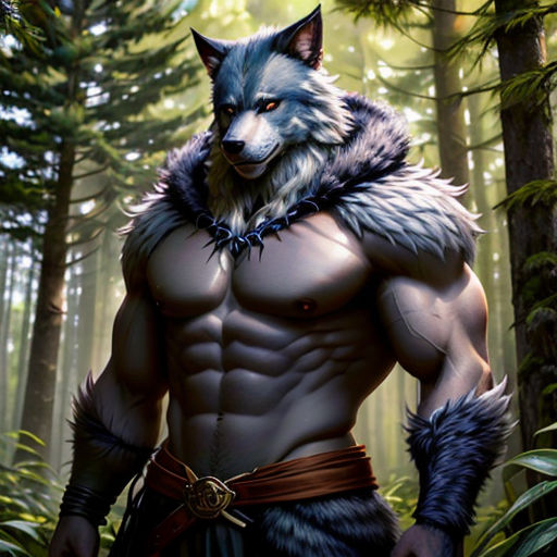 a man in a wolf costume standing in the woods with a wolf mask on his head and a wolf tail on his chest