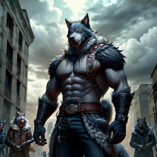 a man in a wolf costume standing in a city street with other men in the background and a wolf on the street