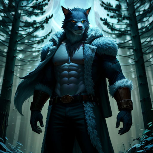 a man in a wolf costume standing in the woods with a wolf on his shoulder and a wolf on his shoulder