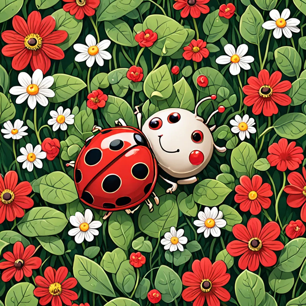 a lady bug sitting on top of a lush green field of flowers and daisies with red and white flowers, pop surrealism, a storybook illustration, Chris LaBrooy, detailed illustration