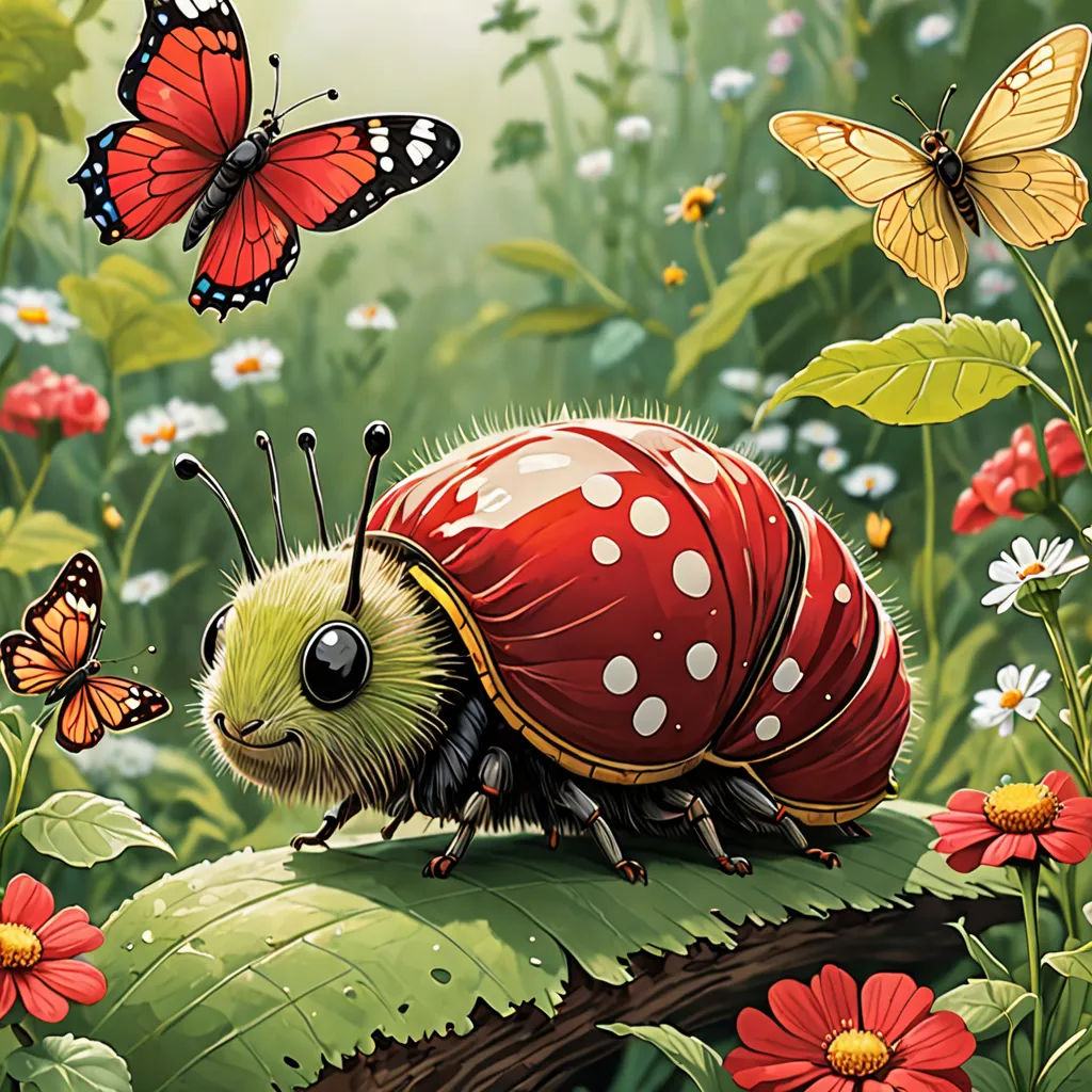 a lady bug with a red top and polka dots on it is sitting on a leaf with butterflies around it, fantasy art, a storybook illustration, Chris LaBrooy, highly detailed digital painting