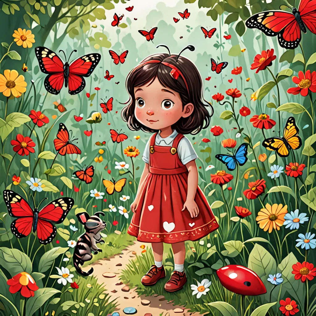 a girl in a red dress standing in a field of flowers and butterflies with a zebra in the background, magic realism, a storybook illustration, Diego Gisbert Llorens, storybook illustration
