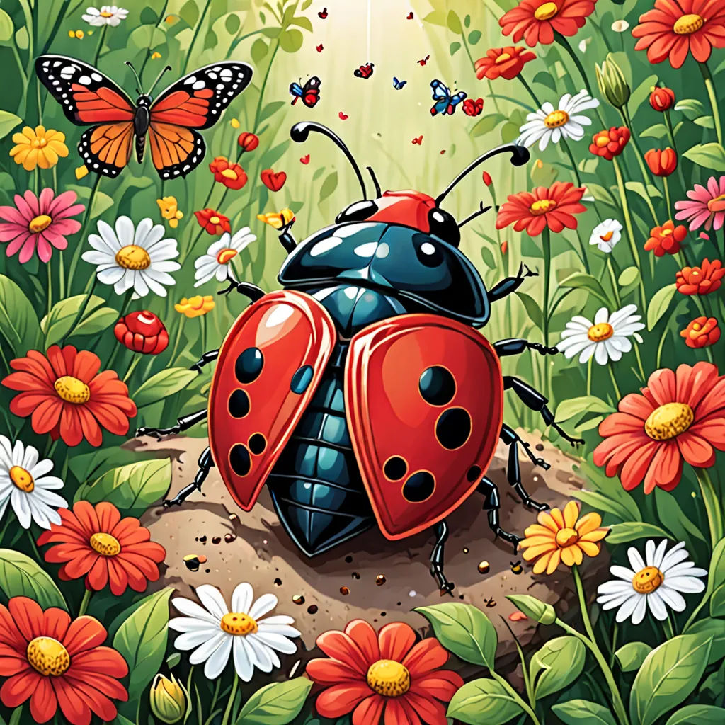 a lady bug sitting on top of a field of flowers and butterflies with a butterfly flying above it and a butterfly in the background, ecological art, a storybook illustration, Annabel Kidston, detailed illustration