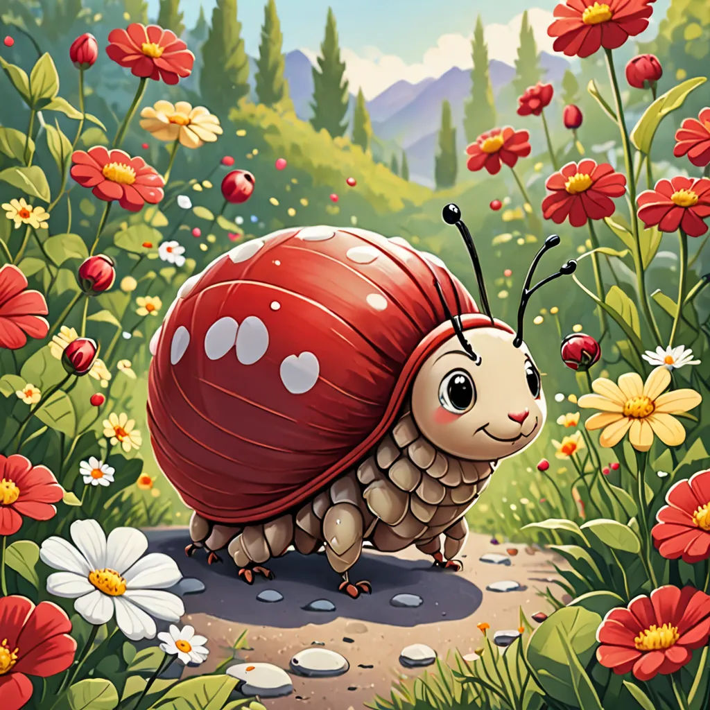 a lady bug is walking through a field of flowers and daisies with a red ball on its back, sots art, a character portrait, Chris LaBrooy, highly detailed digital painting