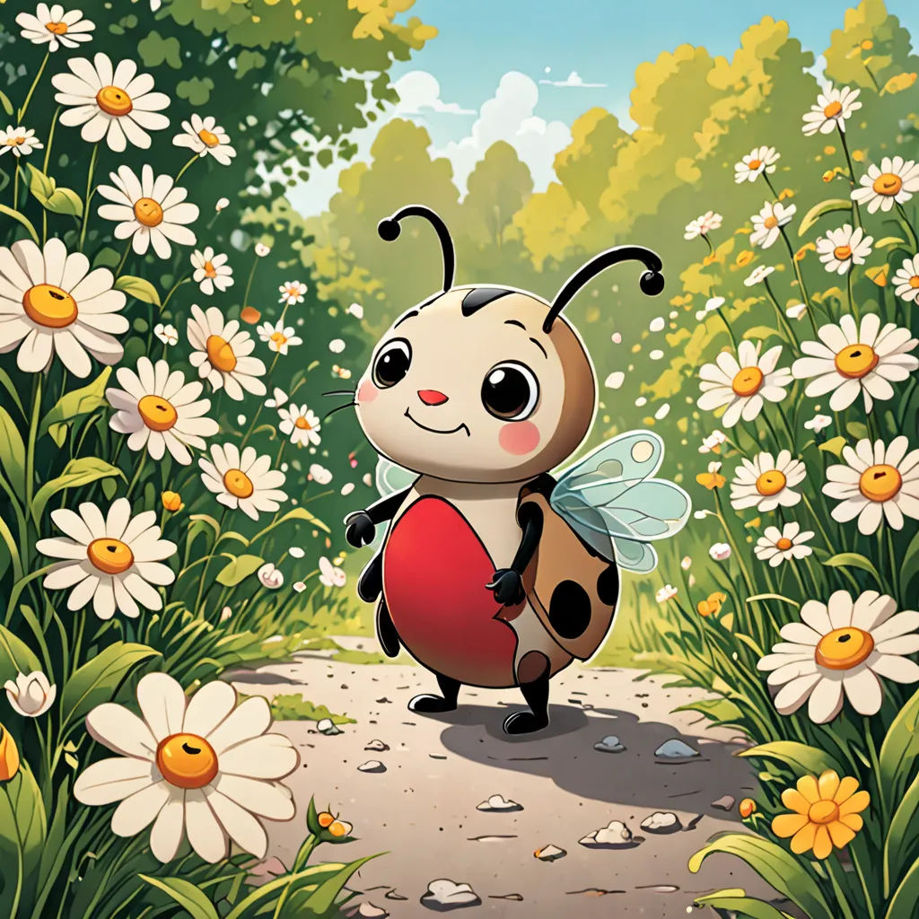 a cartoon picture of a lady bug holding a heart in a field of daisies and daisies with a forest in the background, pop surrealism, a storybook illustration, Craola, storybook illustration