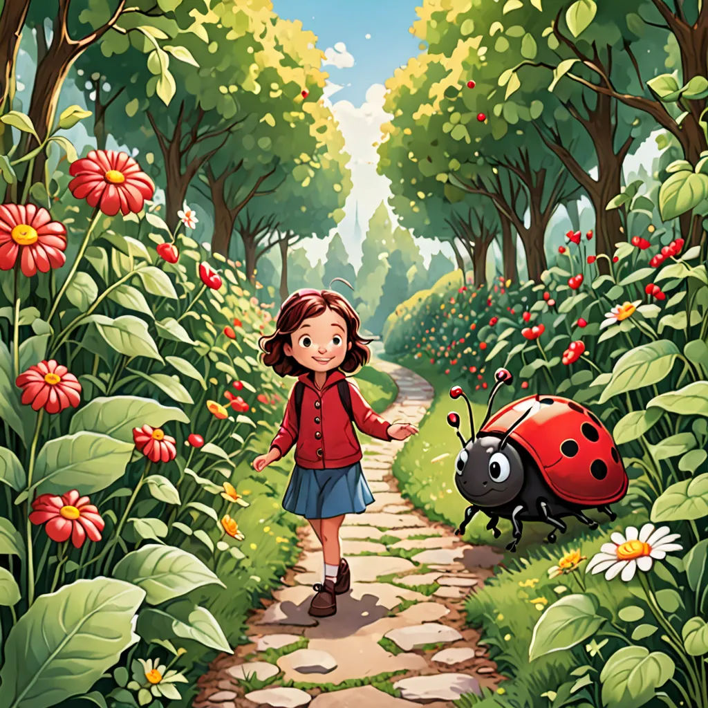 a little girl walking down a path with a lady bug on it's back and a lady bug on the side, magic realism, a storybook illustration, Cliff Childs, storybook illustration