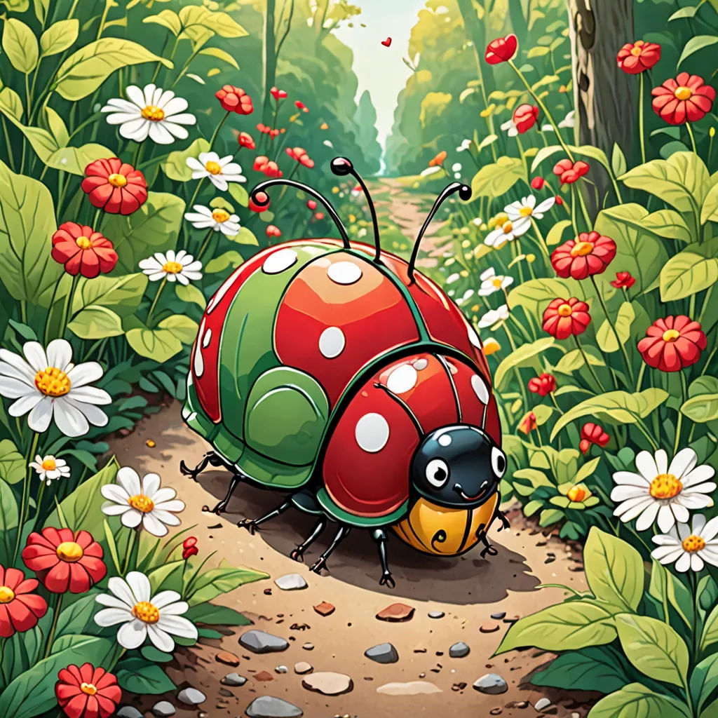 a lady bug is walking through a flowery forest with daisies and daisies around it, and a path leading to a forest with flowers, fantasy art, a storybook illustration, Chris LaBrooy, highly detailed digital painting