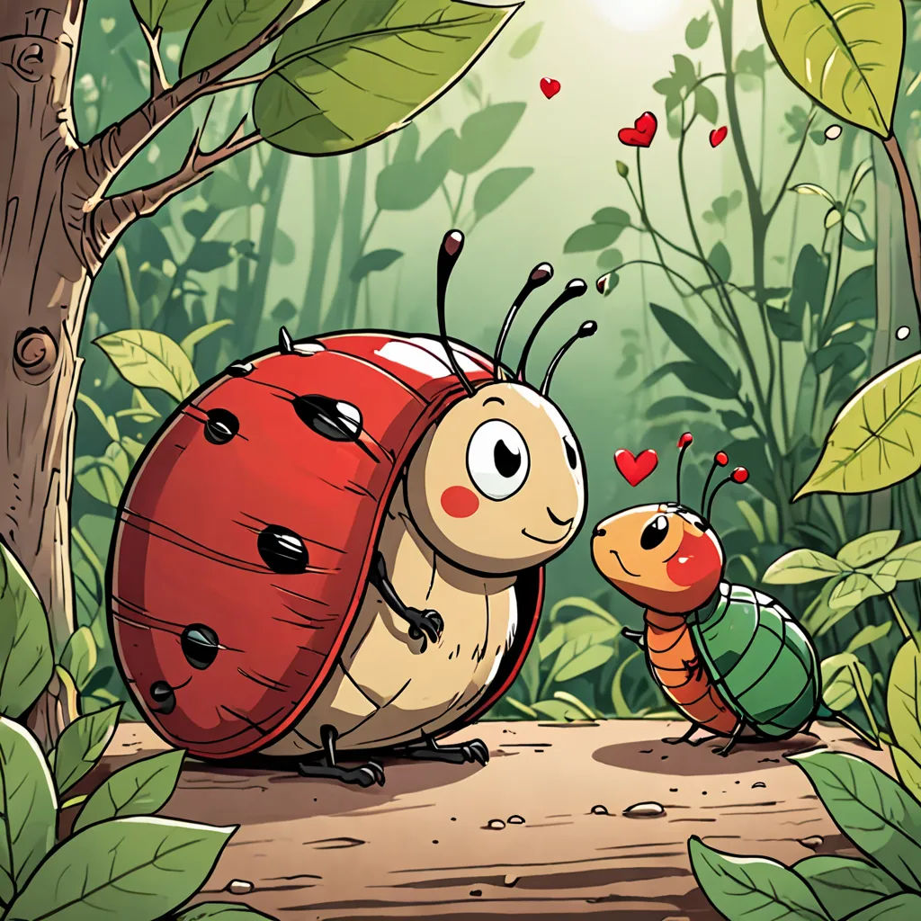 a bug and a ladybug are in the forest together, one is kissing the other is holding a heart, sots art, a storybook illustration, Diego Gisbert Llorens, storybook illustration