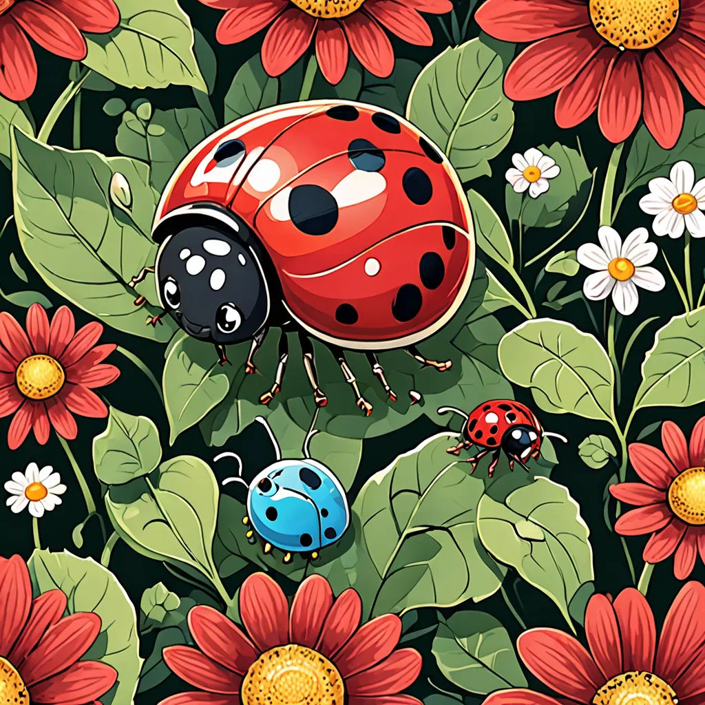 a lady bug sitting on top of a flower covered field of daisies and daisies with ladybugs, psychedelic art, a storybook illustration, Chris LaBrooy, detailed illustration