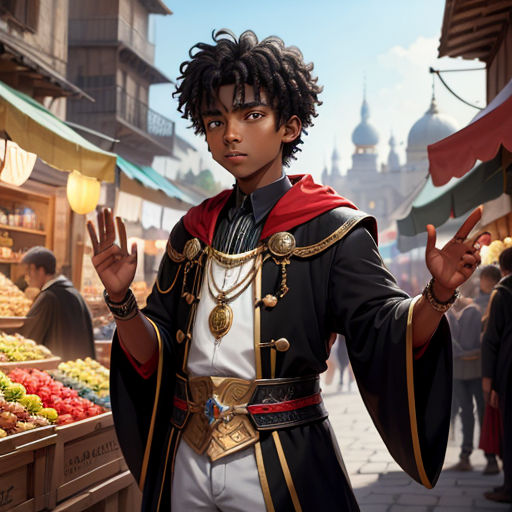 a man in a costume standing in front of a fruit stand with his hands up in the air and a building in the background