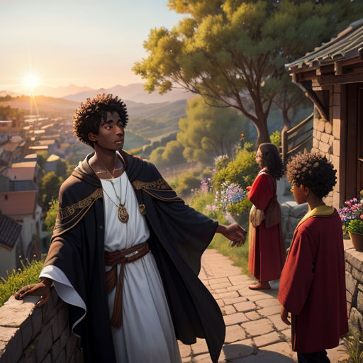 a man in a black robe and a woman in a white dress are standing on a brick walkway near a small village