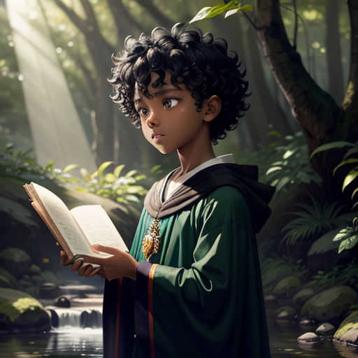 a boy in a green robe holding a book in a forest with a stream running through it and trees