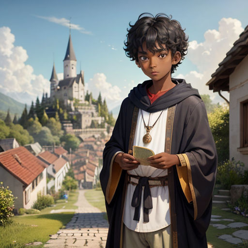 a boy in a medieval outfit standing in front of a castle with a book in his hand and a book in his hand