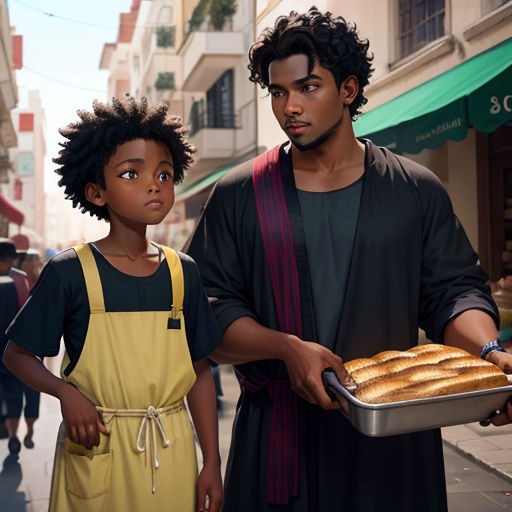 a man and a little girl holding a tray of bread on a street corner with people walking by in the background