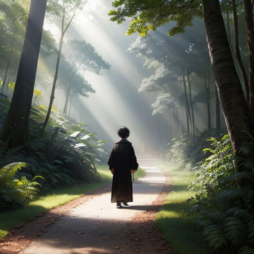 a person walking down a path in the woods with sunlight streaming through the trees and the sun shining through the trees