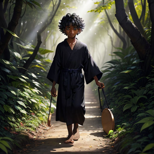 a woman walking down a path holding a bag and a suitcase in her hand and a light coming through the trees