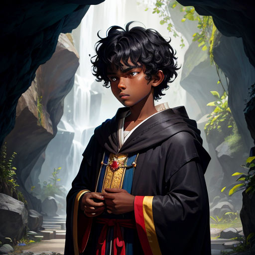 a boy in a black robe standing in a cave with a waterfall in the background and a waterfall in the background