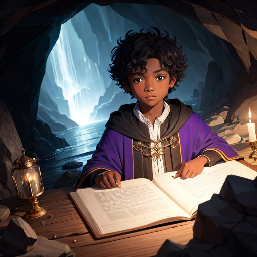 a boy in a purple robe is reading a book in a cave with a candle and a lantern on the table