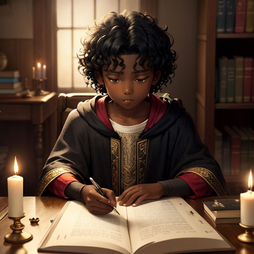 a young boy sitting at a table with a book and a candle in front of him and a book open to the page