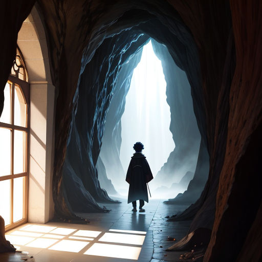 a man standing in a cave looking out at the light coming through the window of the cave, with a person standing in the doorway
