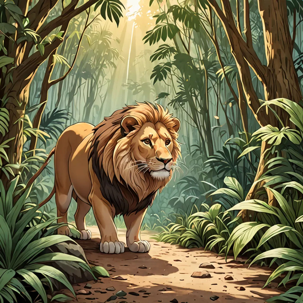 a lion walking through a jungle with trees and plants around it's edges and a sunbeam in the background, furry art, a storybook illustration, Chris LaBrooy, jungle