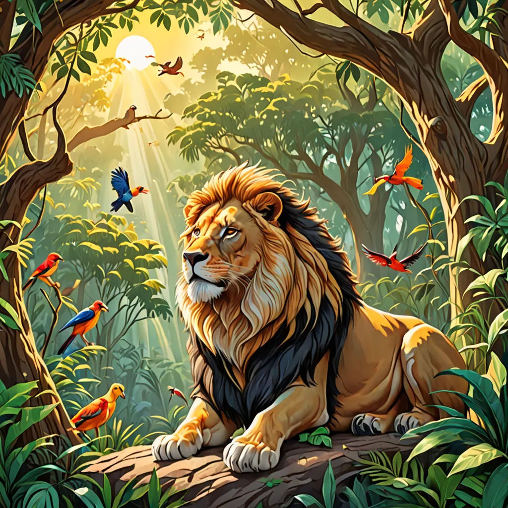 a lion sitting on a log in a jungle with birds flying around it and a sunbeam in the background, fantasy art, a storybook illustration, Chris LaBrooy, highly detailed digital painting