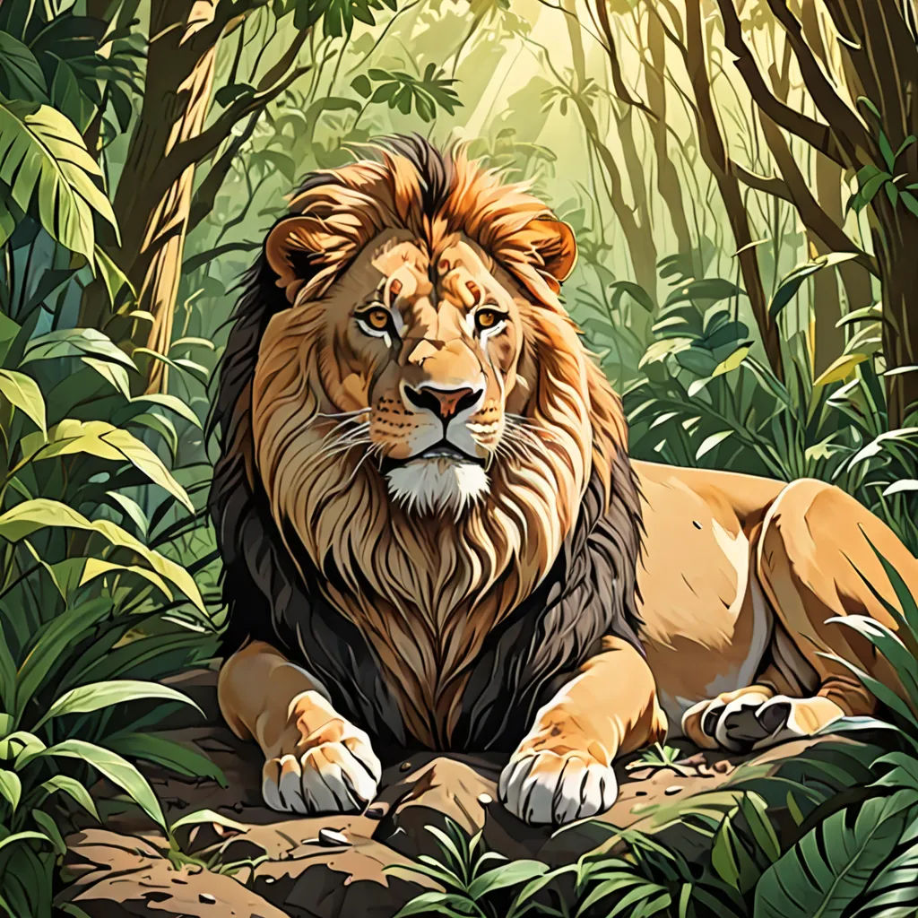 a lion laying in the middle of a jungle with trees and plants around it, with sunlight shining through the trees, lyco art, a digital painting, Chris LaBrooy, highly detailed digital painting